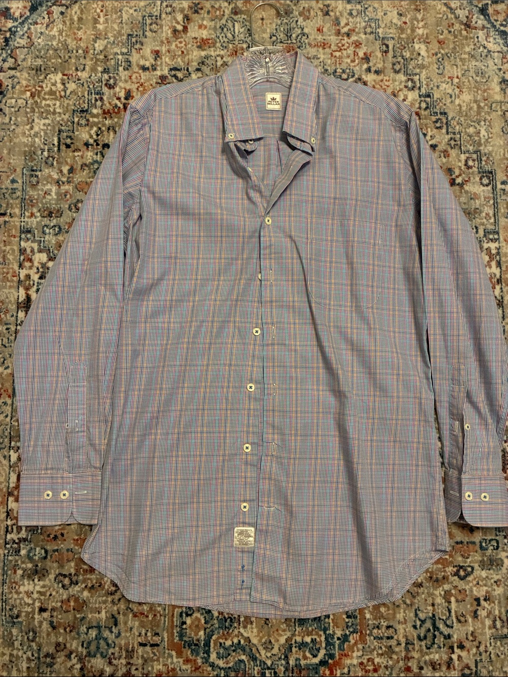 Peter MillarMulti-Check Button-Down Shirt in Blue, Green, Purple , gold & black